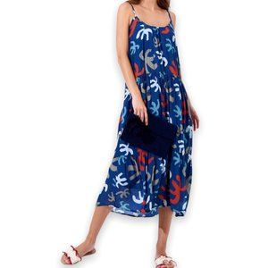 Oliphant Scoop Tiered Midi Dress Cozumel Navy Blue Red Print Sz M NWT